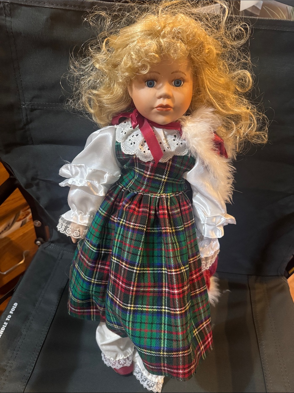 Blonde Porcelain Doll in Green Plaid Dress - Kids Toys